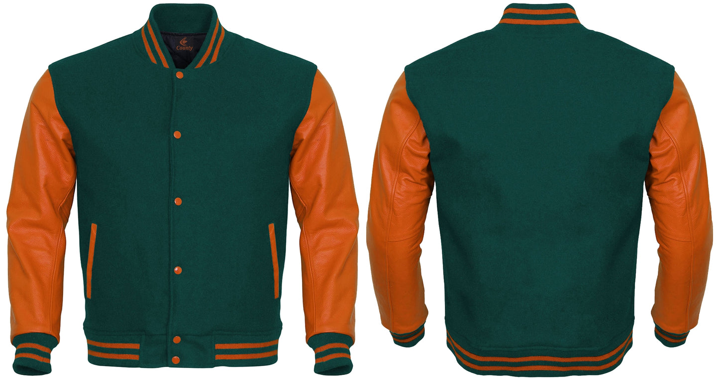 Varsity Jacket Mens Green Body and Orange Leather Sleeves Varsity Jacket