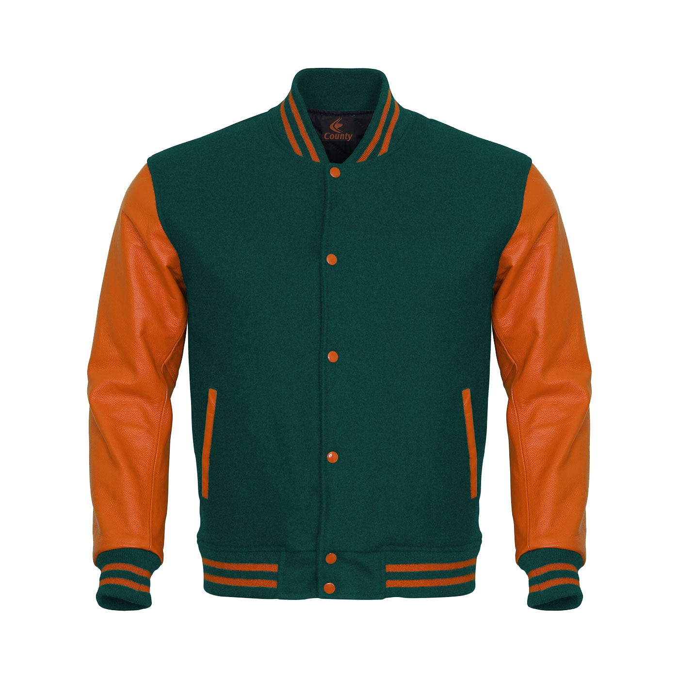 Varsity Jacket Mens Green Body and Orange Leather Sleeves Varsity Jacket