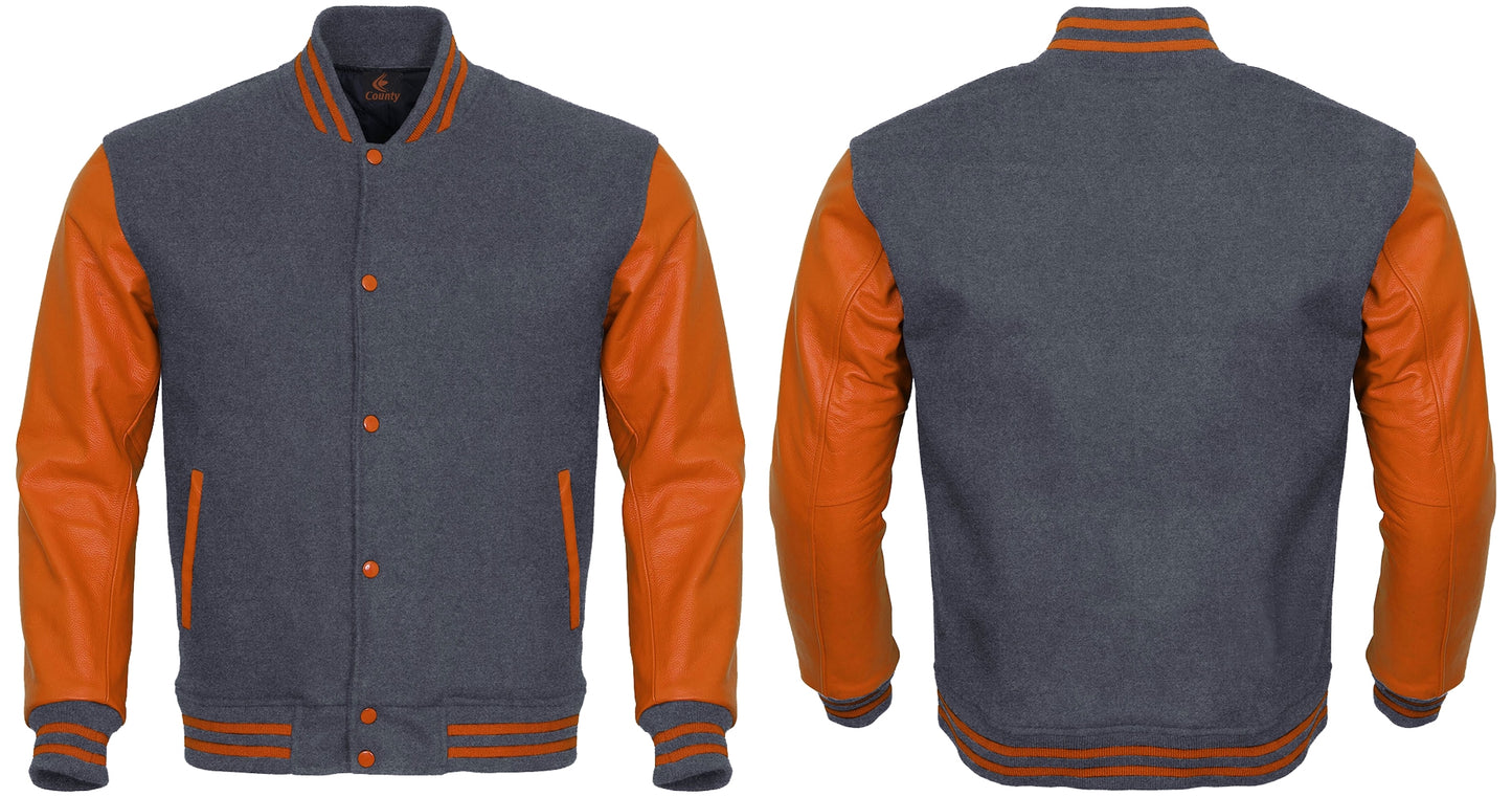 Ladies Varsity Jacket Gray Body and Orange Leather Sleeves Varsity Jacket