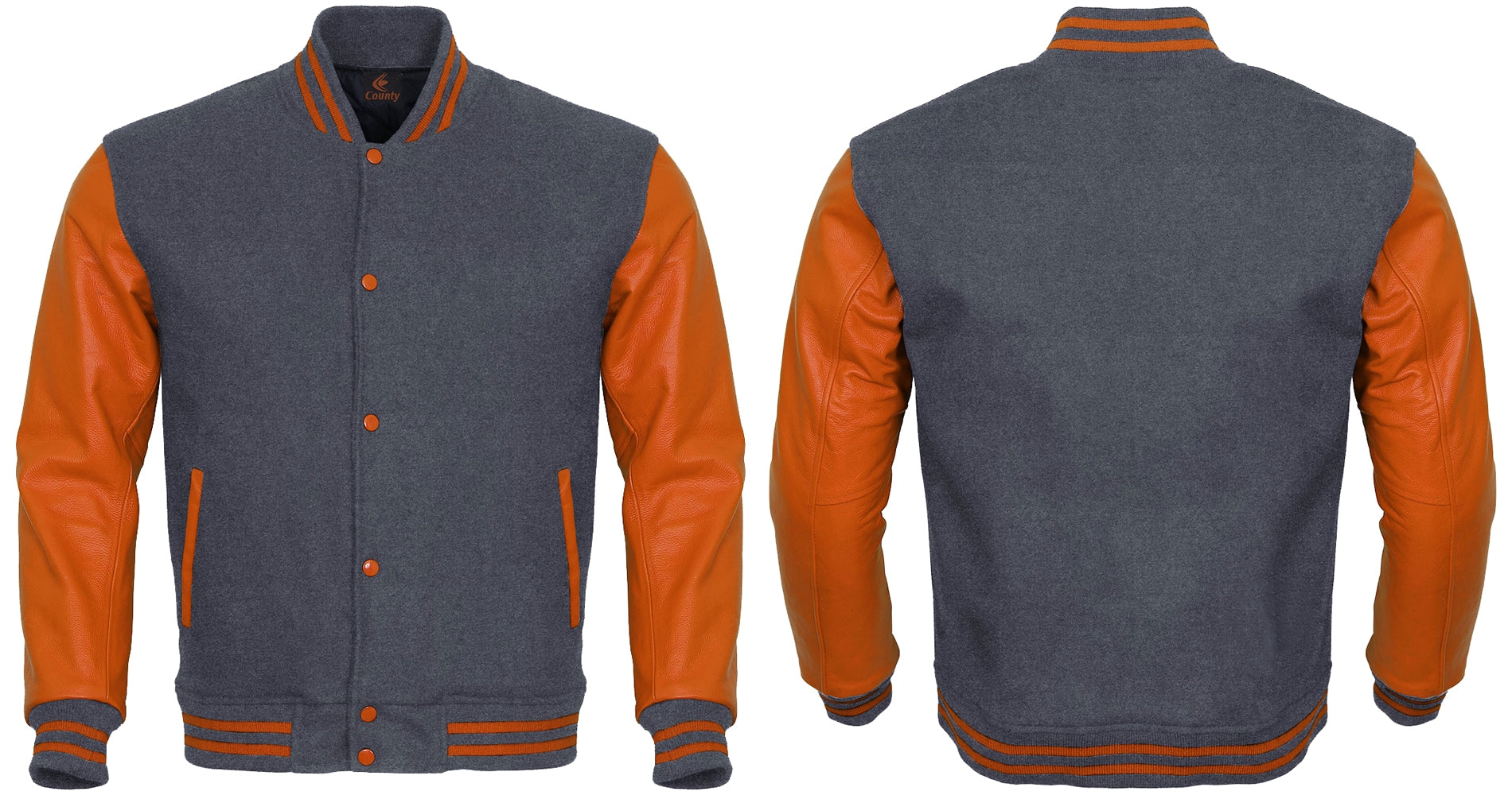 Ladies Varsity Jacket Gray Body and Orange Leather Sleeves Varsity Jacket