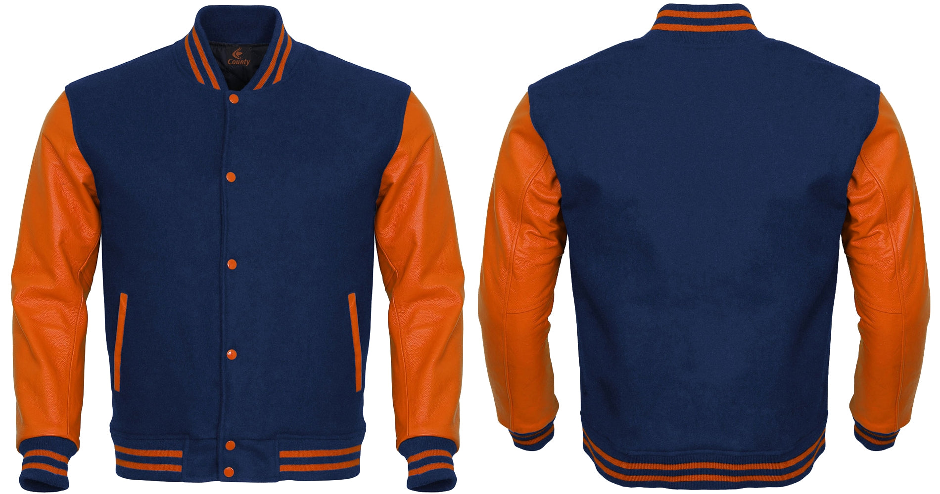 Letterman Jacket Navy Blue Body and Orange Leather Sleeves Varsity Jacket