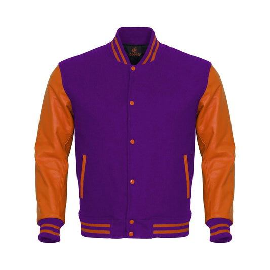 Mens Letterman Jacket Purple Body and Orange Leather Sleeves Varsity Jacket