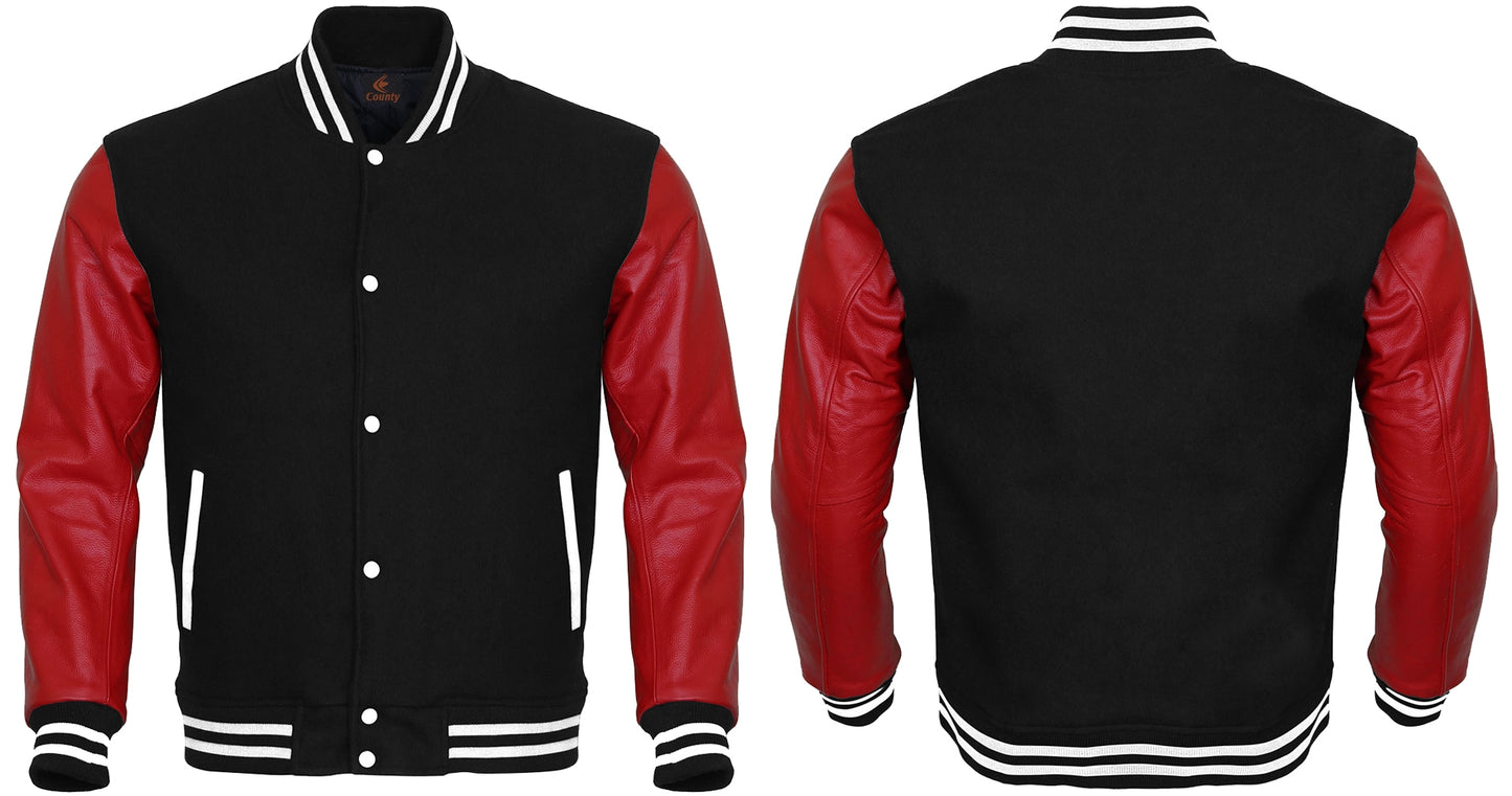 Letterman Jacket Black Body and Red Leather Sleeves Varsity Jacket