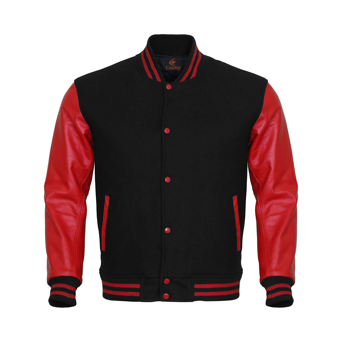 Mens Letterman Jacket Black Body and Red Leather Sleeves Varsity Jacket