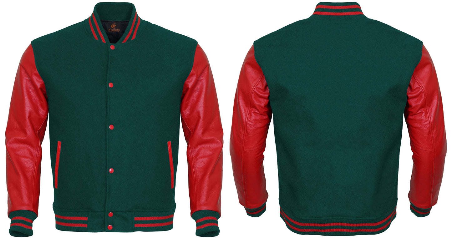 Varsity Jacket Mens Green Body and Red Leather Sleeves Varsity Jacket