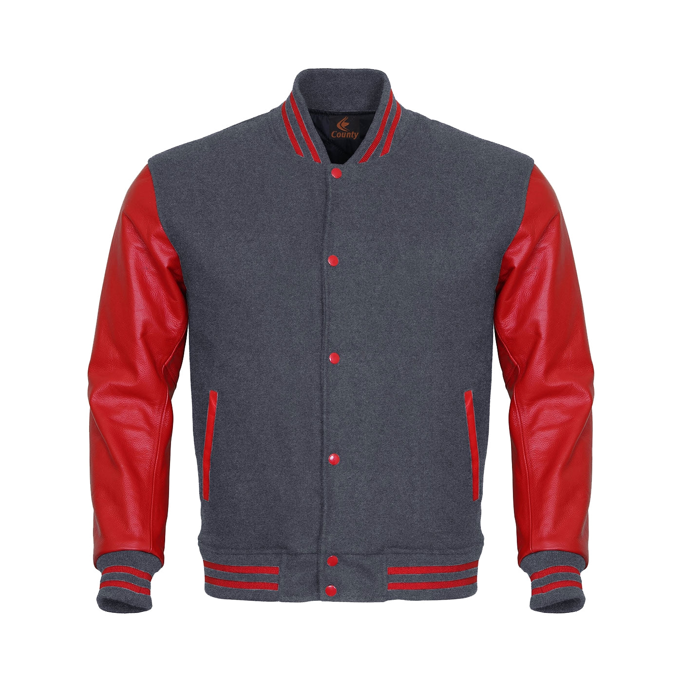 Ladies Varsity Jacket Gray Body and Red Leather Sleeves Varsity Jacket