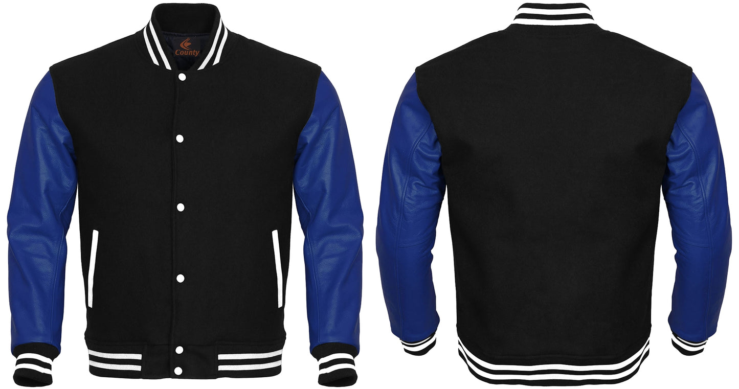 Varsity Jacket with Black Body and Blue Leather Sleeves