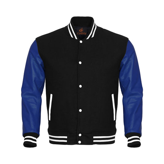 Varsity Jacket with Black Body and Blue Leather Sleeves