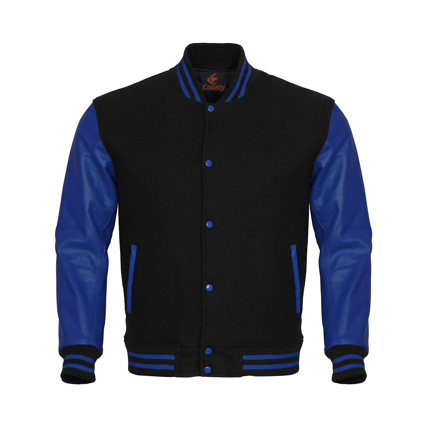 Letterman Jacket Black Body and Blue Leather Sleeves Varsity Jacket