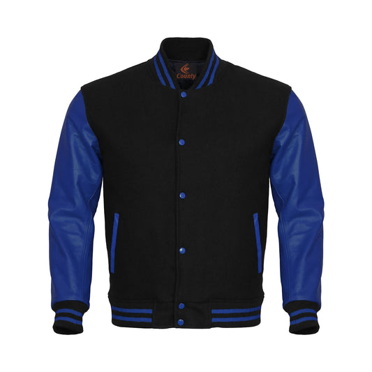 Letterman Jacket Black Body and Blue Leather Sleeves Varsity Jacket