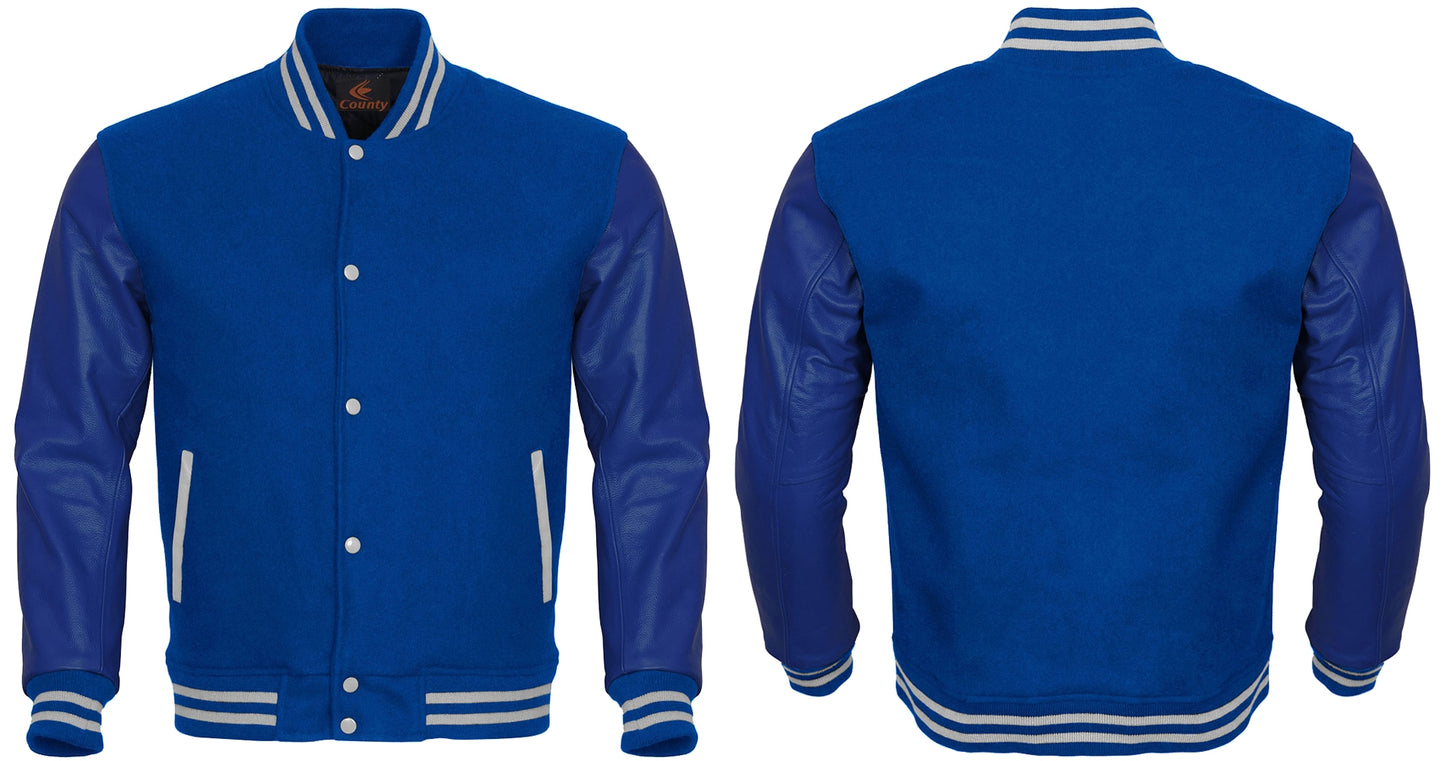 Team Varsity Jackets Blue Body and Blue Leather Sleeves Varsity Jacket