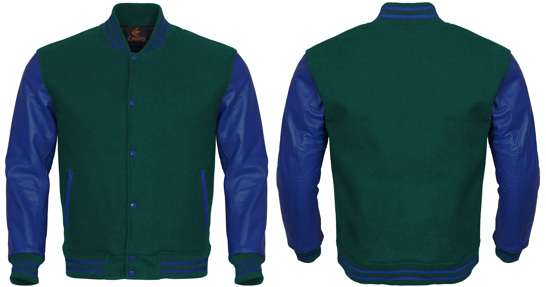 Varsity Jacket Mens Green Body and Blue Leather Sleeves Varsity Jacket