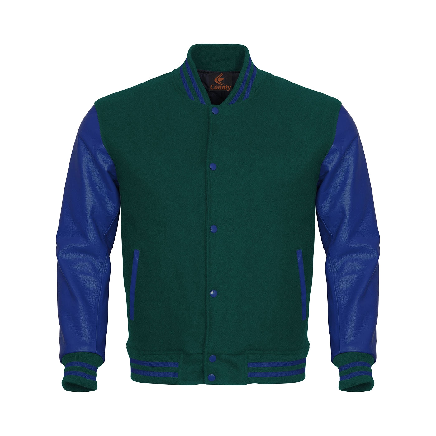 Varsity Jacket Mens Green Body and Blue Leather Sleeves Varsity Jacket