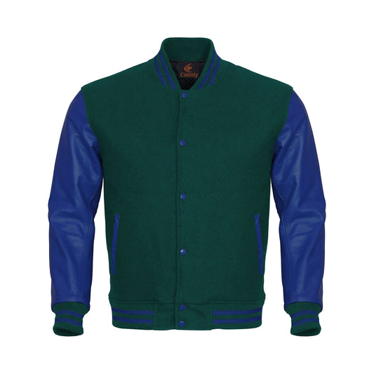 Varsity Jacket Mens Green Body and Blue Leather Sleeves Varsity Jacket