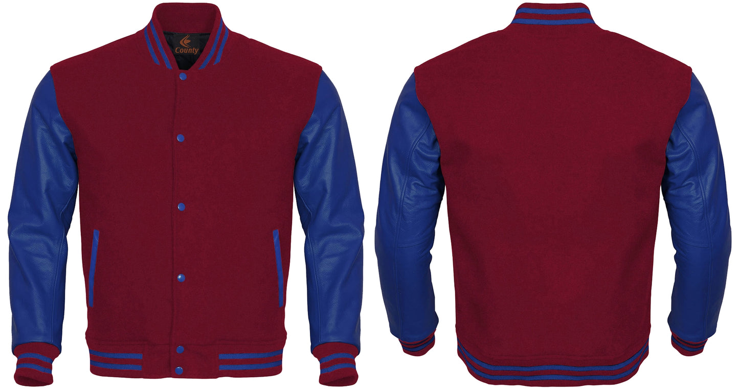 Custom Varsity Jackets Maroon Body and Blue Leather Sleeves Varsity Jacket