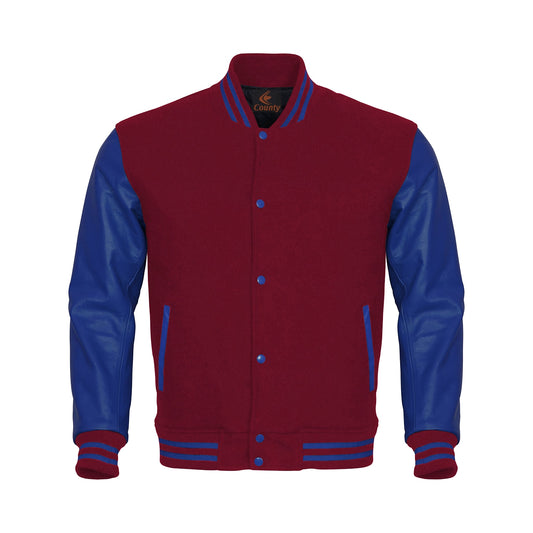 Custom Varsity Jackets Maroon Body and Blue Leather Sleeves Varsity Jacket