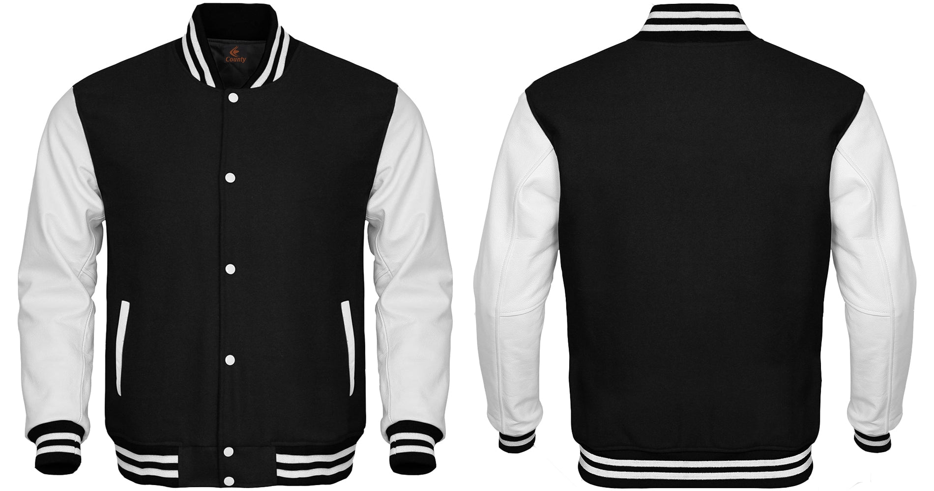 Mens Letterman Jacket Black Body and White Leather Sleeves Varsity Jacket