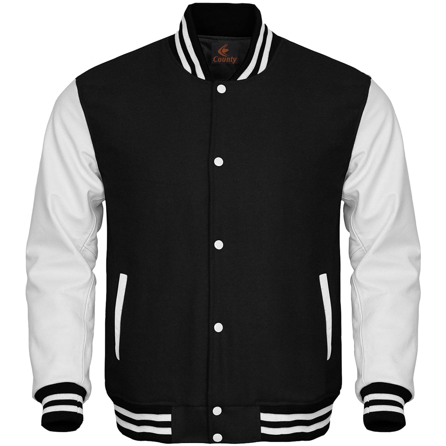 Mens Letterman Jacket Black Body and White Leather Sleeves Varsity Jacket