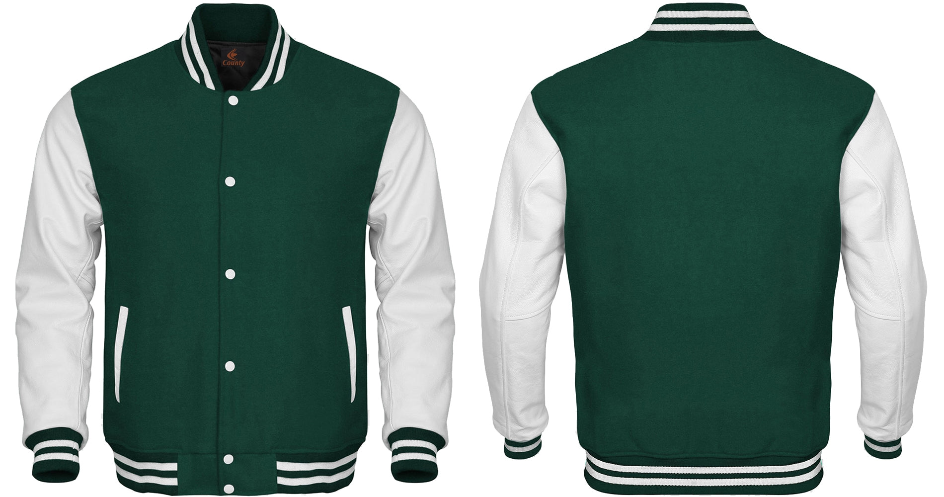 Varsity Jacket Mens Green Body and White Leather Sleeves Varsity Jacket