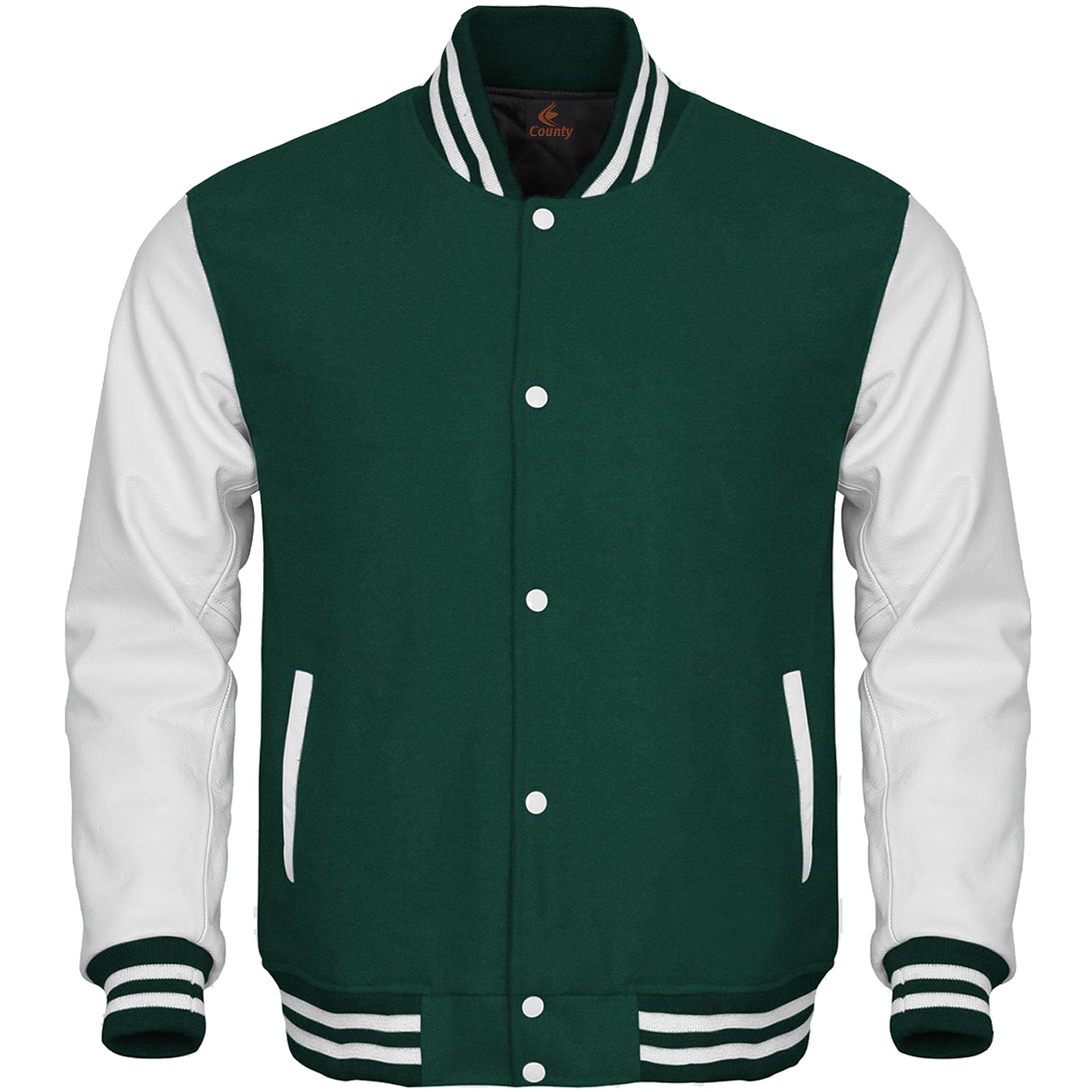 Varsity Jacket Mens Green Body and White Leather Sleeves Varsity Jacket