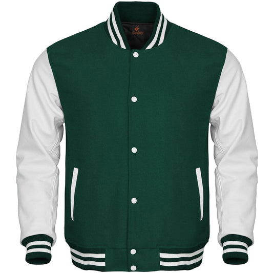 Varsity Jacket Mens Green Body and White Leather Sleeves Varsity Jacket