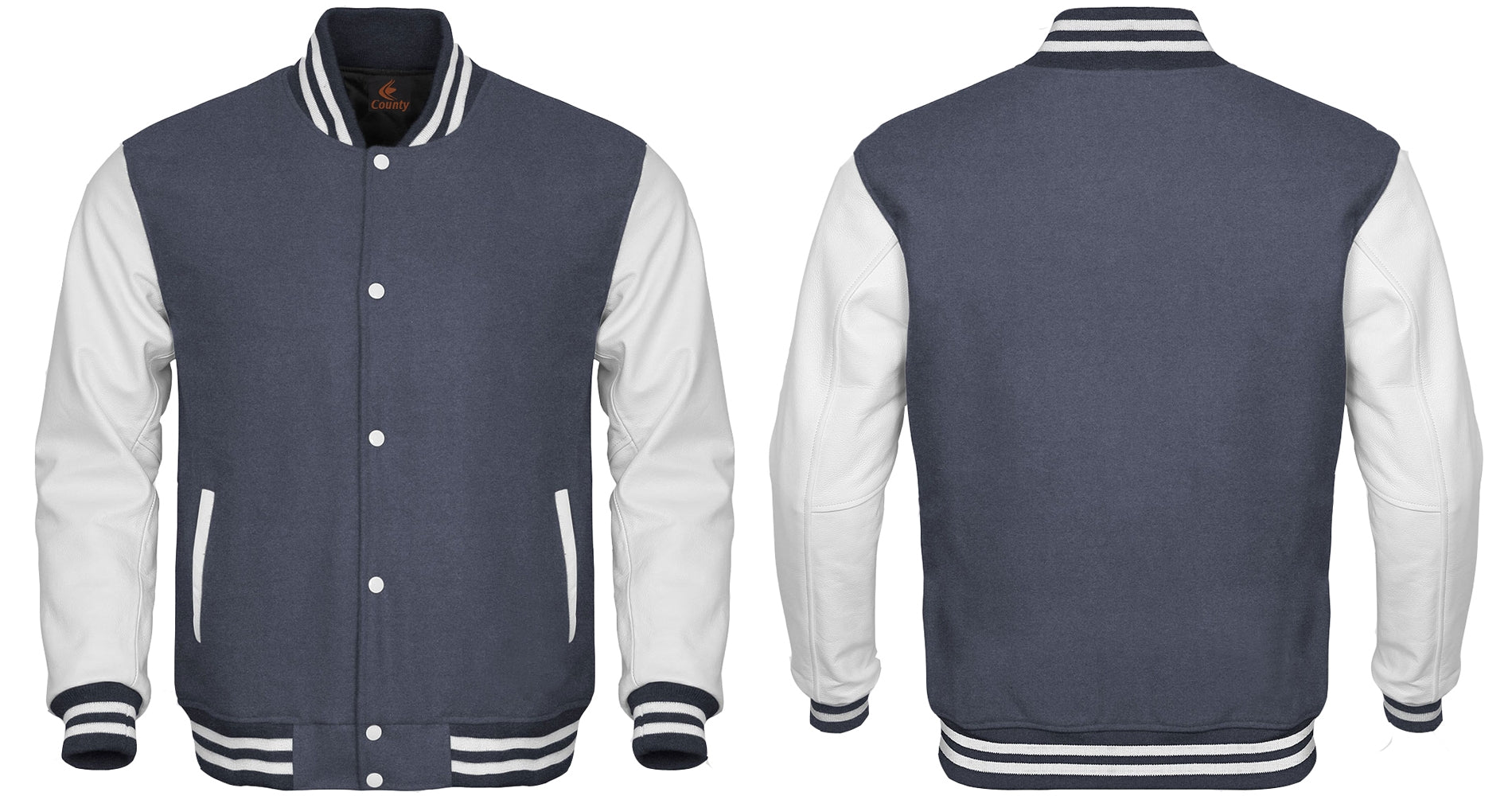 Ladies Varsity Jacket Gray Body and White Leather Sleeves Varsity Jacket