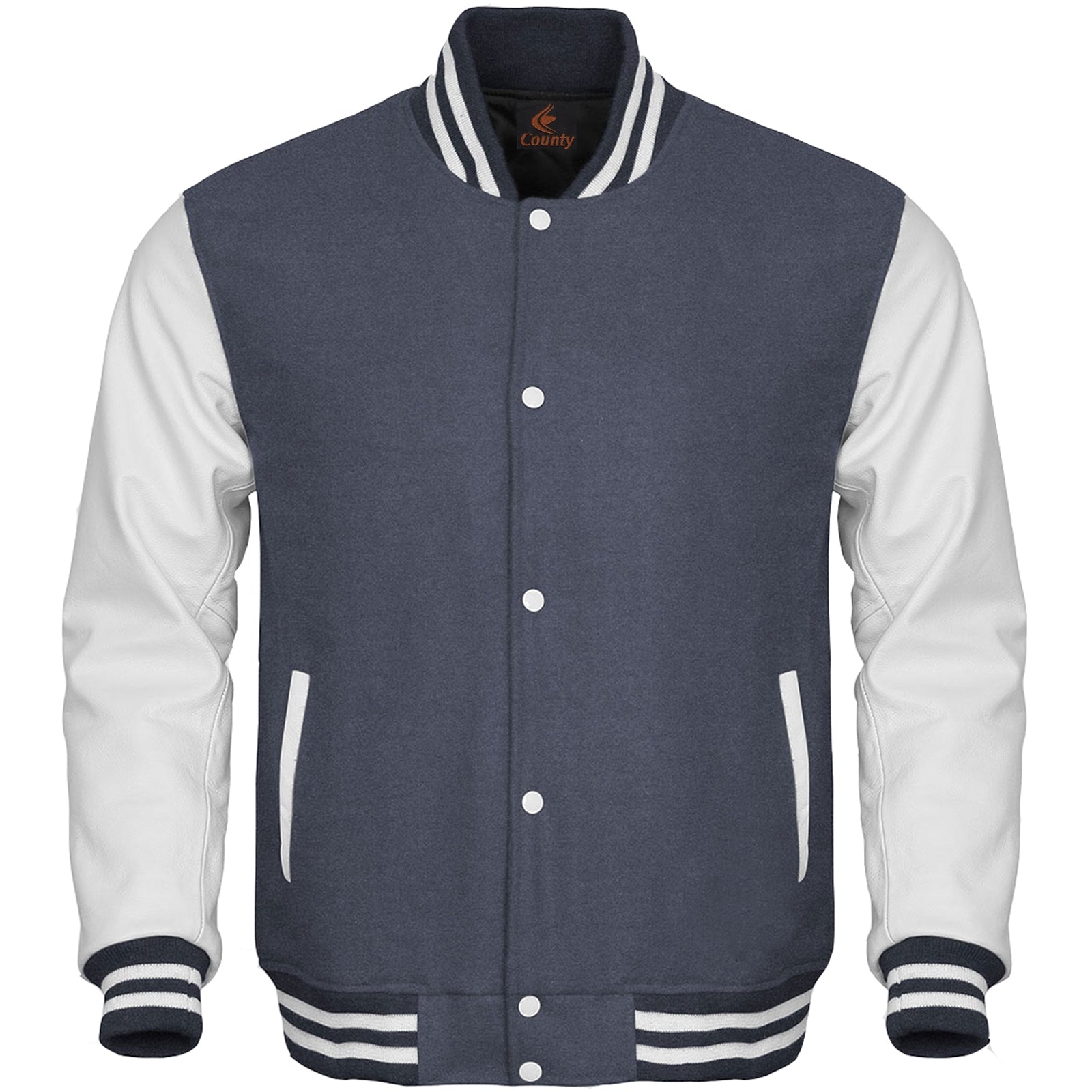 Ladies Varsity Jacket Gray Body and White Leather Sleeves Varsity Jacket