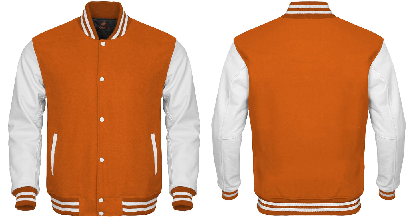 Varsity Jacket Women Orange Body and White Leather Sleeves Varsity Jacket