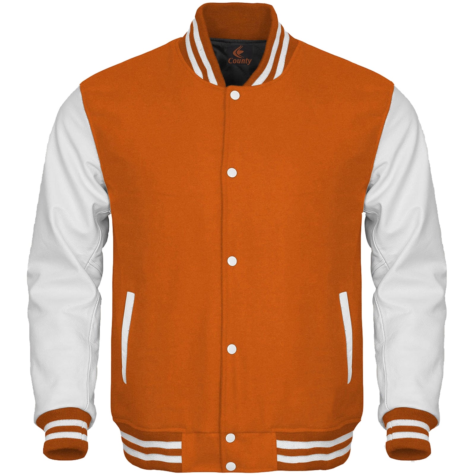 Varsity Jacket Women Orange Body and White Leather Sleeves Varsity Jacket