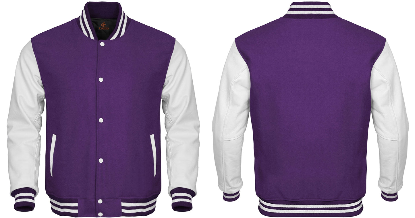 Team Varsity Jackets Purple Body and White Leather Sleeves Varsity Jacket