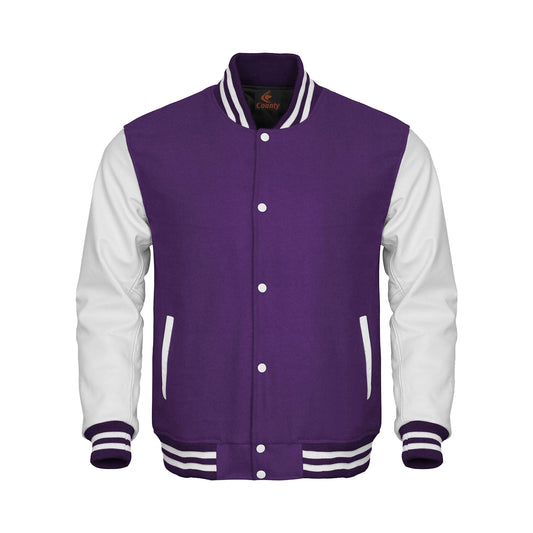 Team Varsity Jackets Purple Body and White Leather Sleeves Varsity Jacket