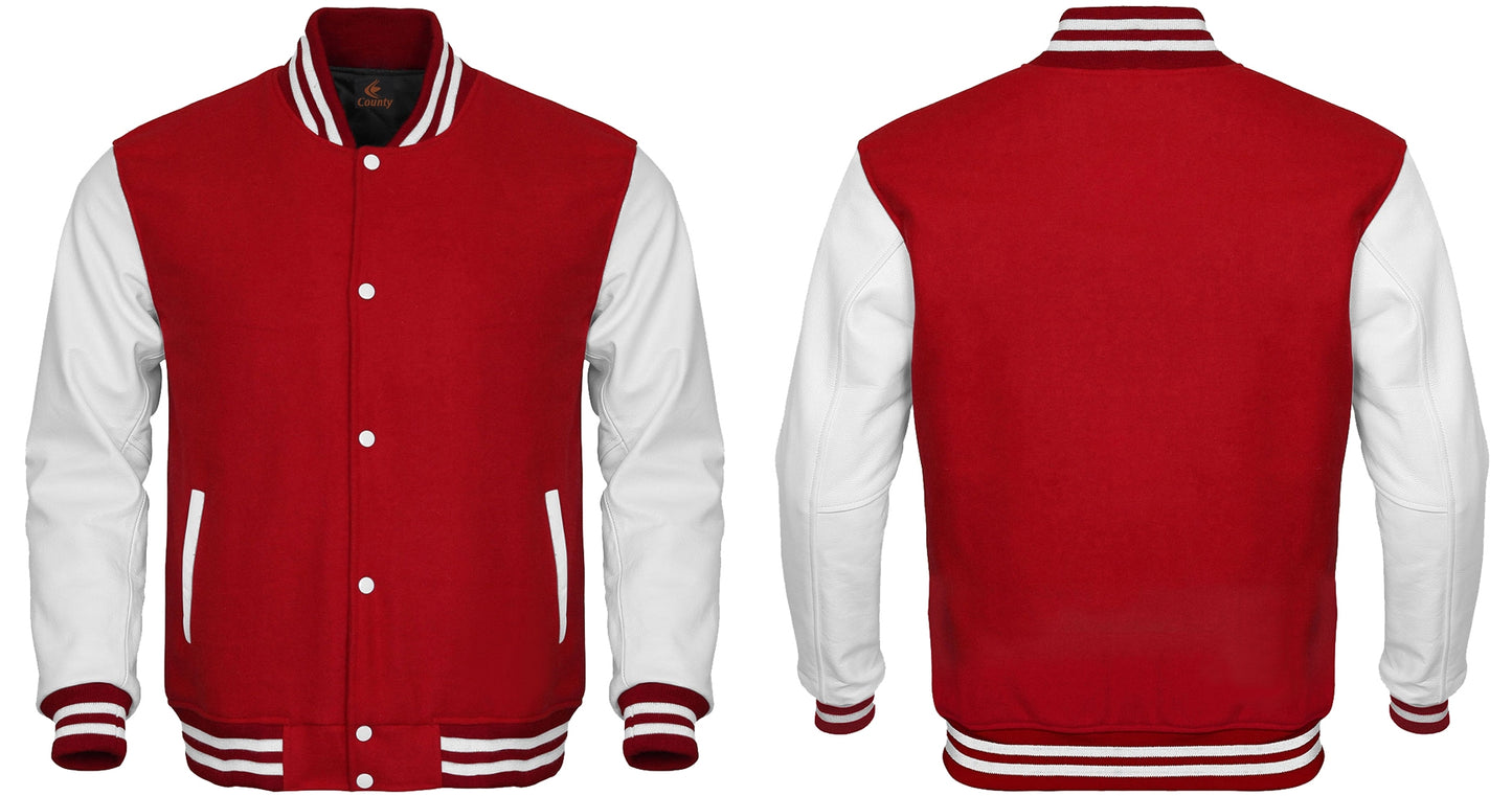 Custom Varsity Jackets Red Body and White Leather Sleeves Varsity Jacket