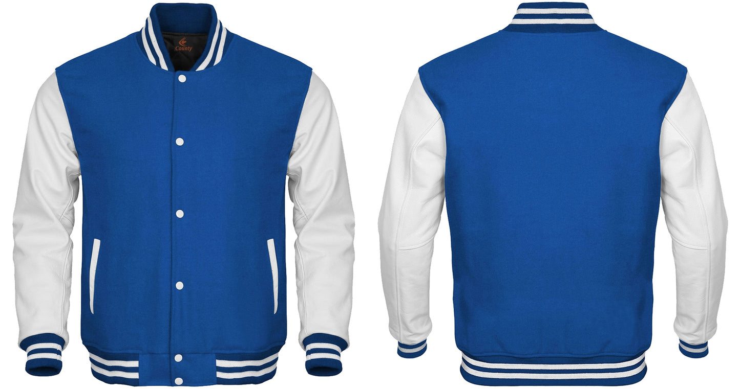 Varsity Jacket Mens Blue Body and White Leather Sleeves Varsity Jacket