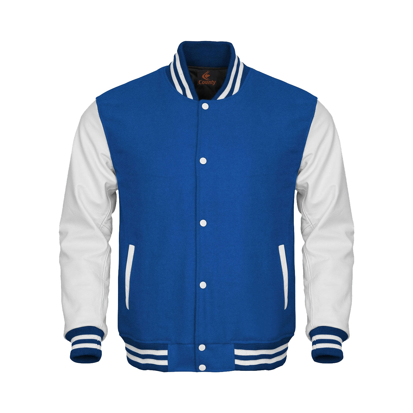 Varsity Jacket Mens Blue Body and White Leather Sleeves Varsity Jacket