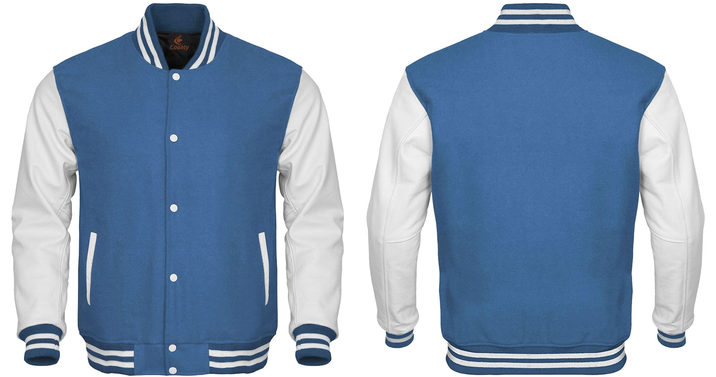 Varsity Jacket Women Sky Blue Body and White Leather Sleeves Varsity Jacket