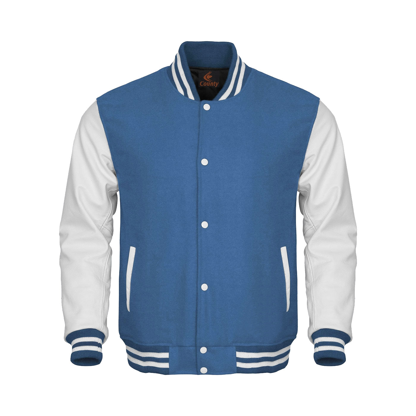 Varsity Jacket Women Sky Blue Body and White Leather Sleeves Varsity Jacket