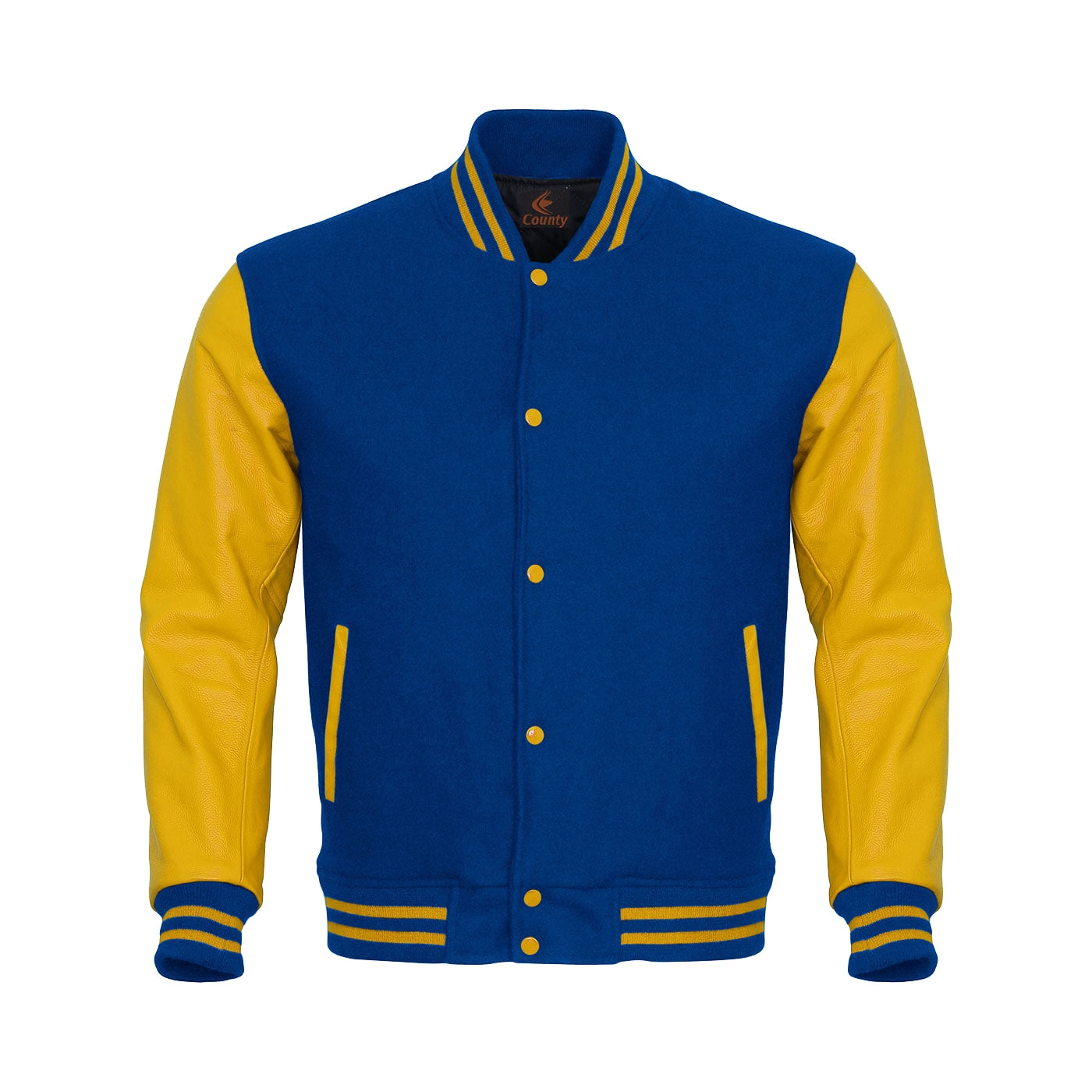 Varsity Jacket Mens Blue Body and Yellow Leather Sleeves Varsity Jacket