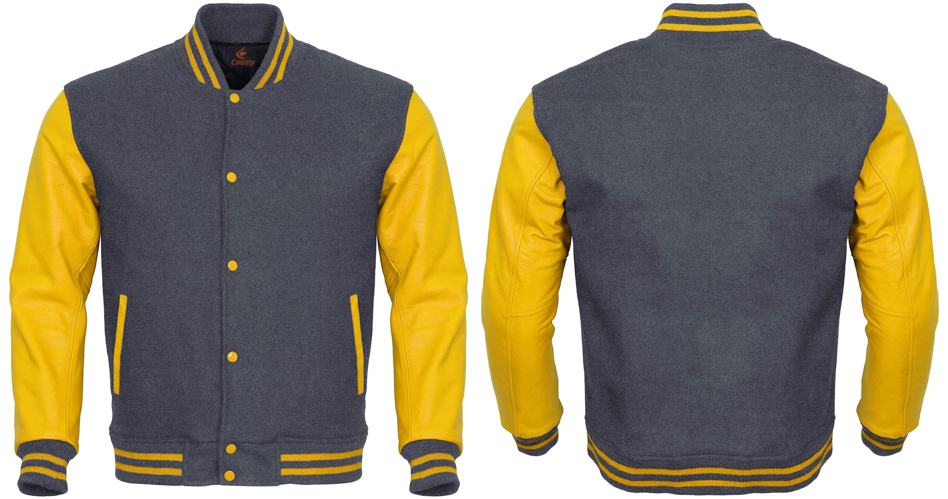 Ladies Varsity Jacket Gray Body and Yellow Leather Sleeves Varsity Jacket