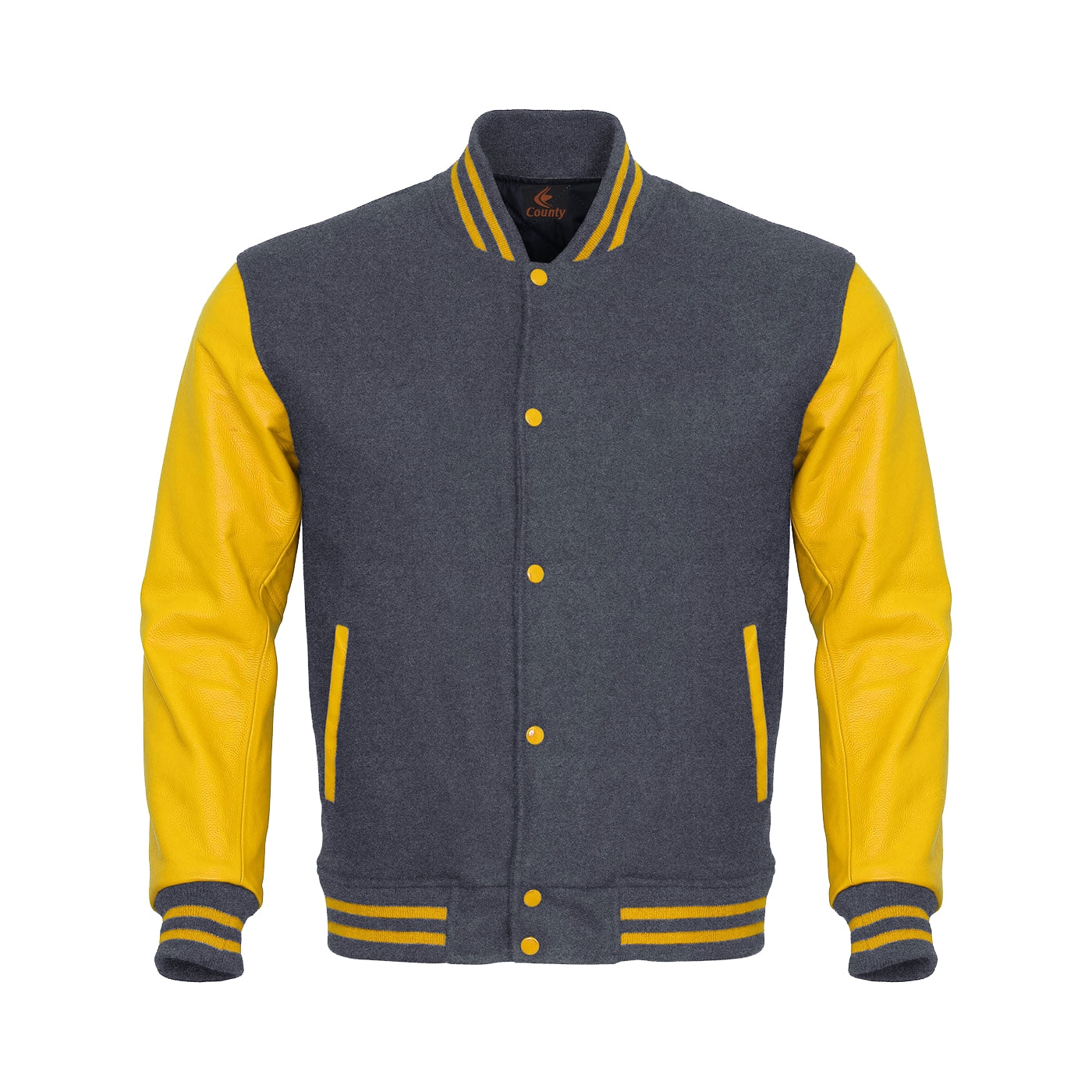 Ladies Varsity Jacket Gray Body and Yellow Leather Sleeves Varsity Jacket