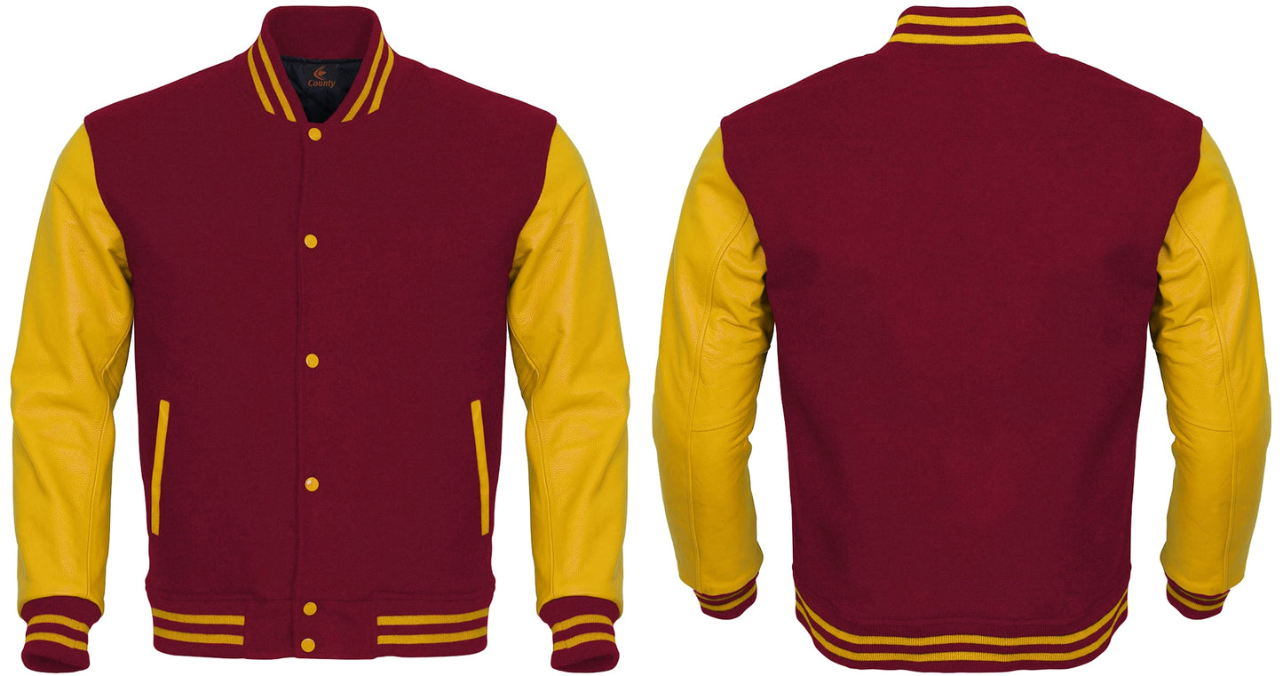 Varsity Jacket Maroon Body and Yellow Leather Sleeves Letterman Jacket