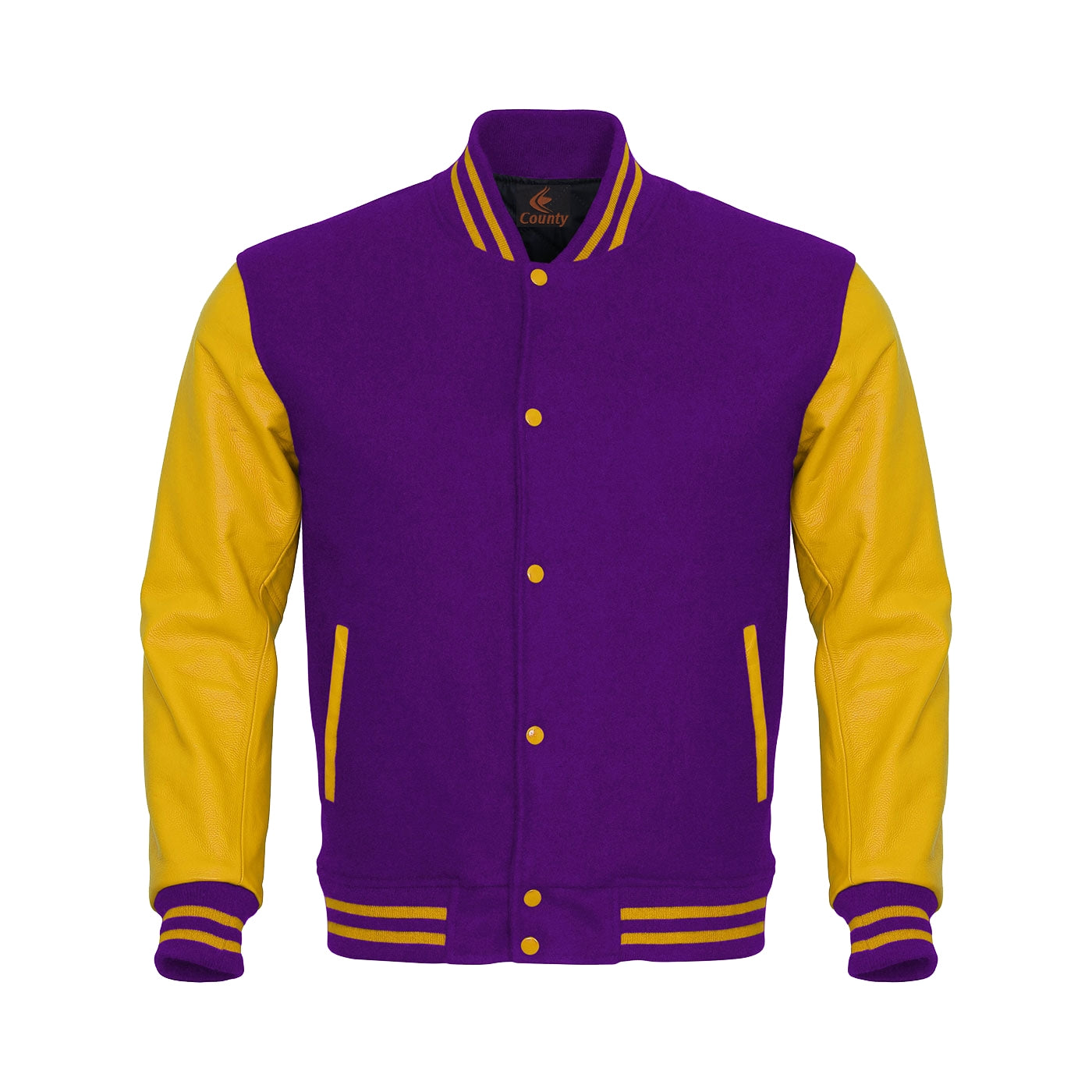 Team Varsity Jackets Purple Body and Yellow Leather Sleeves Varsity Jacket