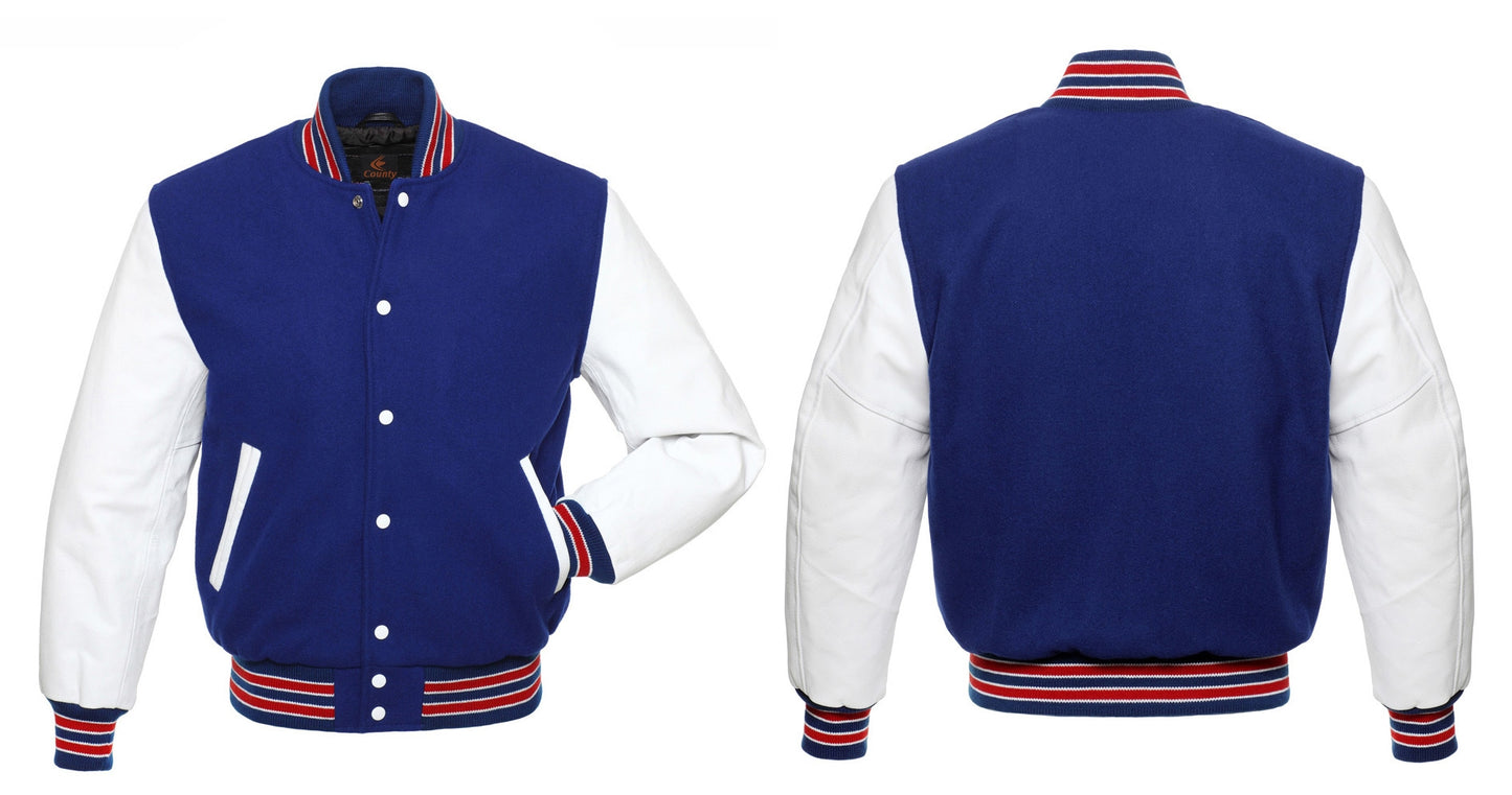 Team Varsity Jackets Navy Blue Body and White Leather Sleeves Varsity Jacket