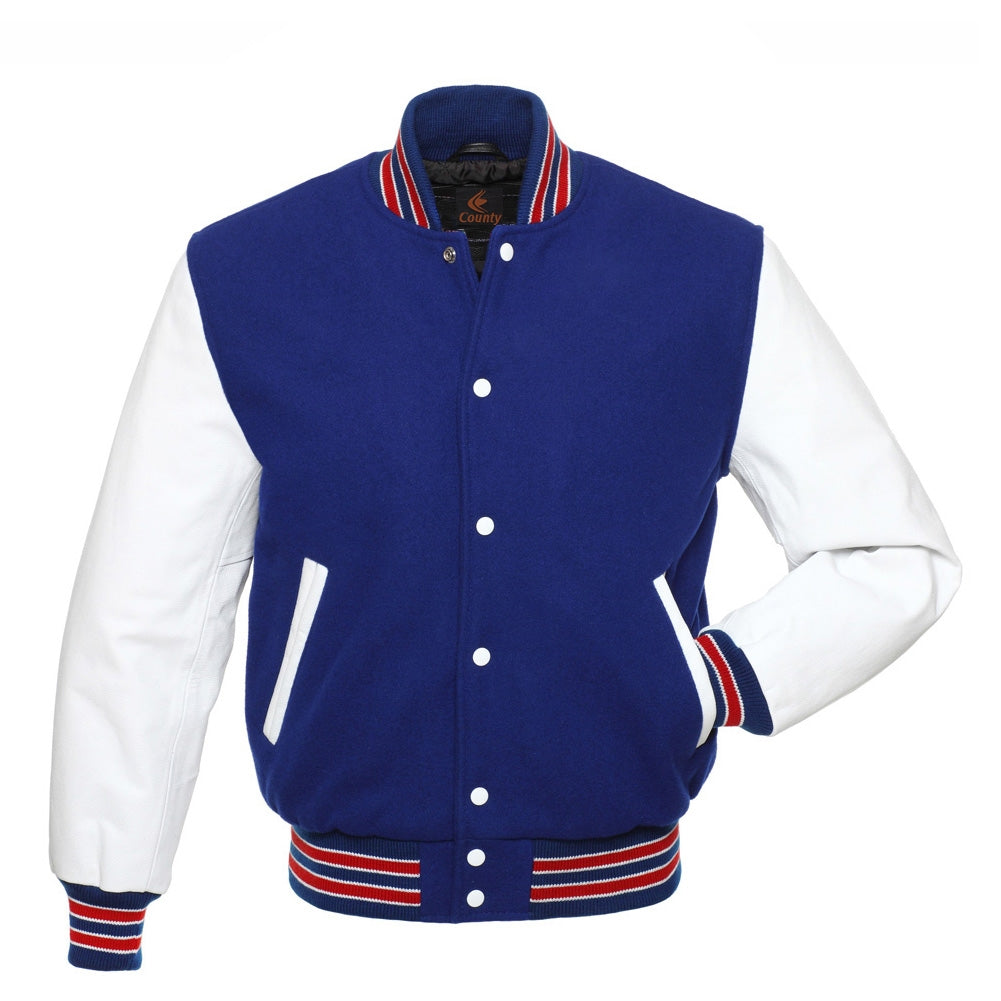 Team Varsity Jackets Navy Blue Body and White Leather Sleeves Varsity Jacket