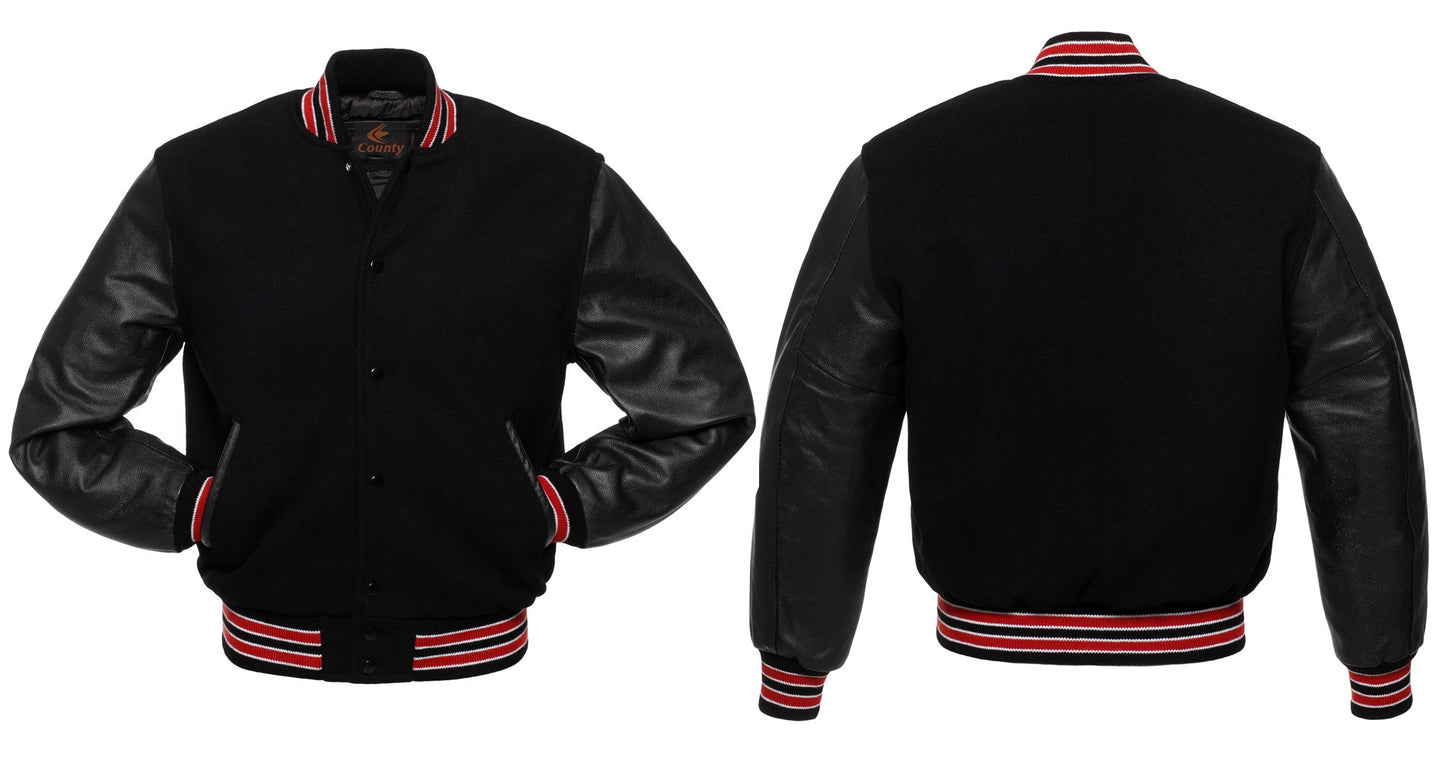 Team Varsity Jacket with Black Body and Black Leather Sleeves