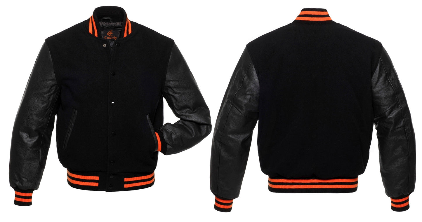 Custom Made Letterman Jacket with Black Body and Black Leather Sleeves