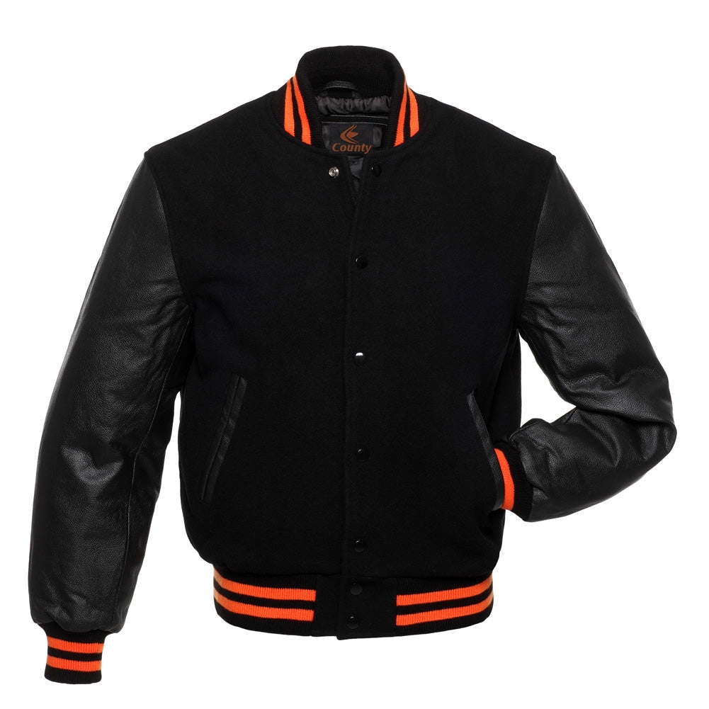 Custom Made Letterman Jacket with Black Body and Black Leather Sleeves