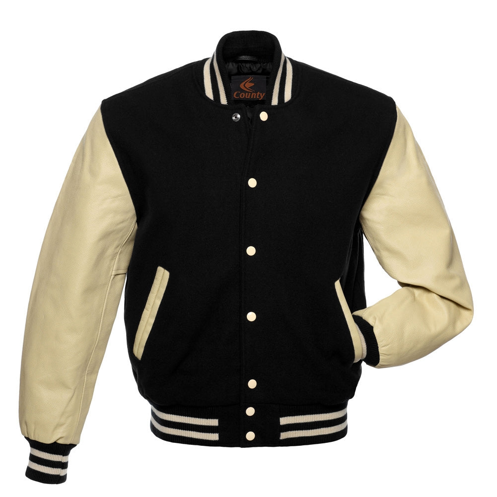 Varsity Jacket Black Body and Cream Leather Sleeves Letterman Jacket