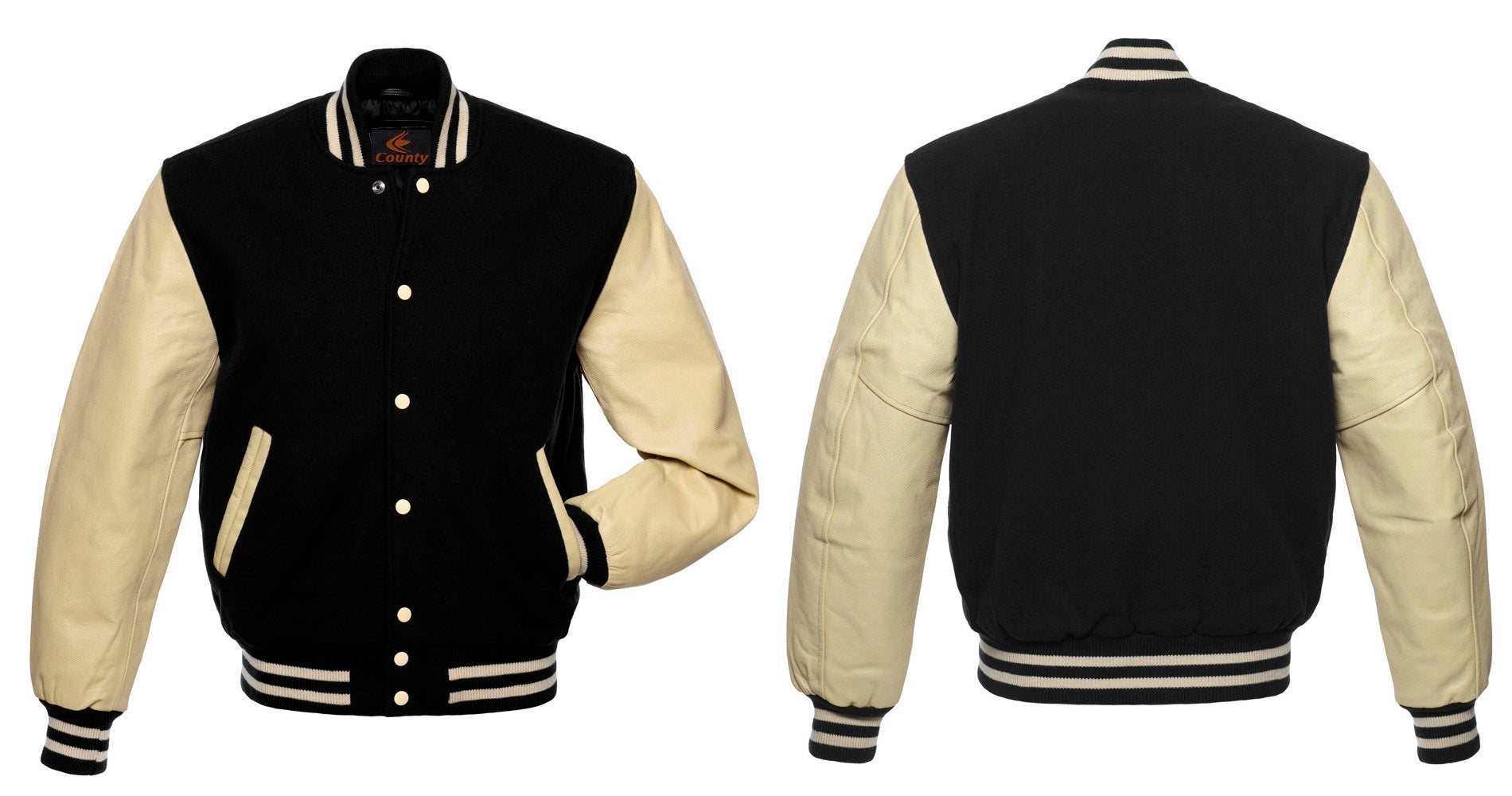 Varsity Jacket Black Body and Cream Leather Sleeves Letterman Jacket