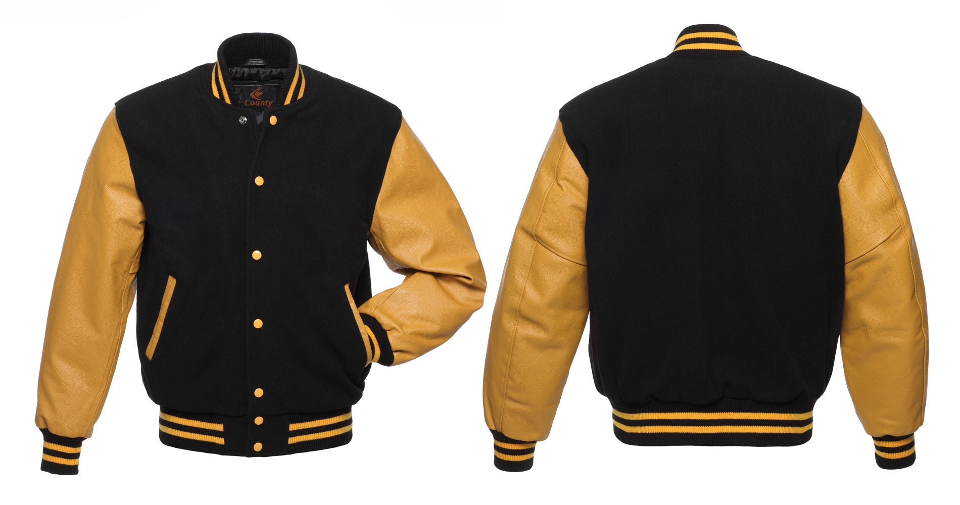 Letterman Jacket Black Body and Gold Leather Sleeves Varsity Jacket