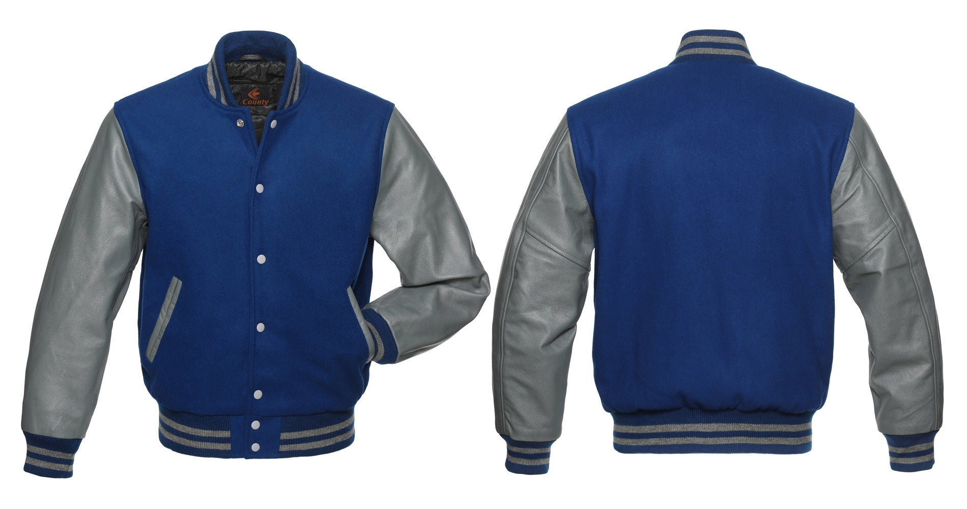 Varsity Jacket Mens Blue Body and Gray Leather Sleeves Varsity Jacket